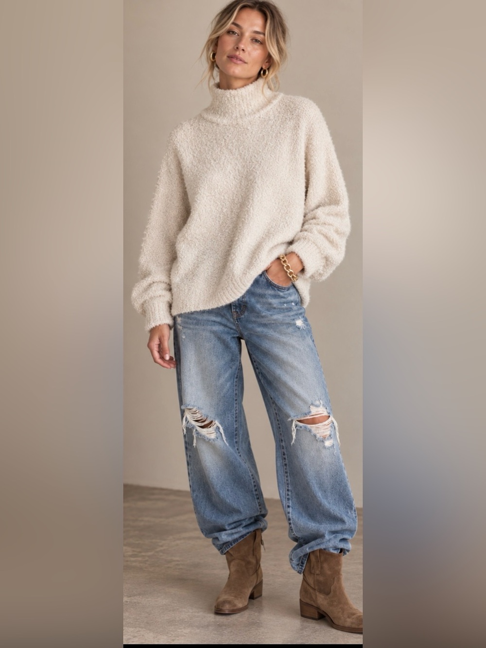 NWT - Magaschoni Bouclé Knit Funnel Neck in Cream